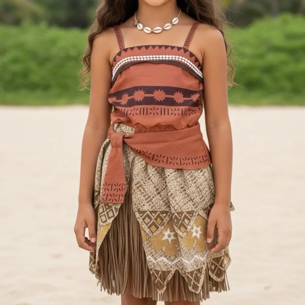 Disney Moana Sequin & Lace Trimmed Top Easy-On One Piece Tassel Skirt Costume